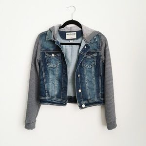 Blue Striped Sleeve Hooded Jean Jacket